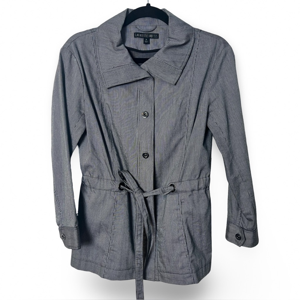 Lafayette 148 Newโ York Womenโs Pinstripe Belted Cotton Jacket Black White Sz. P